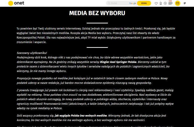 protest-mediow-onet Zrzut ekranu onet.pl - protest mediów