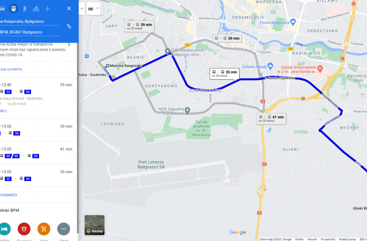 Google Transit - mapka z Błonia na Glinki Google Transit - mapka z Błonia na Glinki